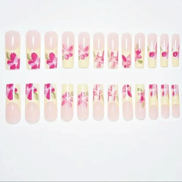 Yellow French Tip & Pink Floral Press On Nail Art Reusable Long Length NWT - Picture 3 of 8